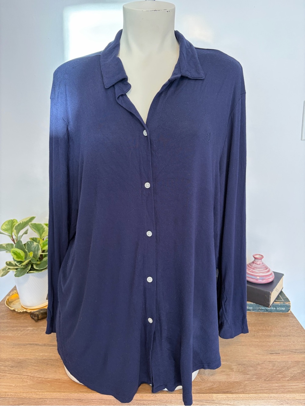 Lauren Ralph Lauren Navy Blue Button-Down Long Sleeve Pajama Sleep Shirt XL